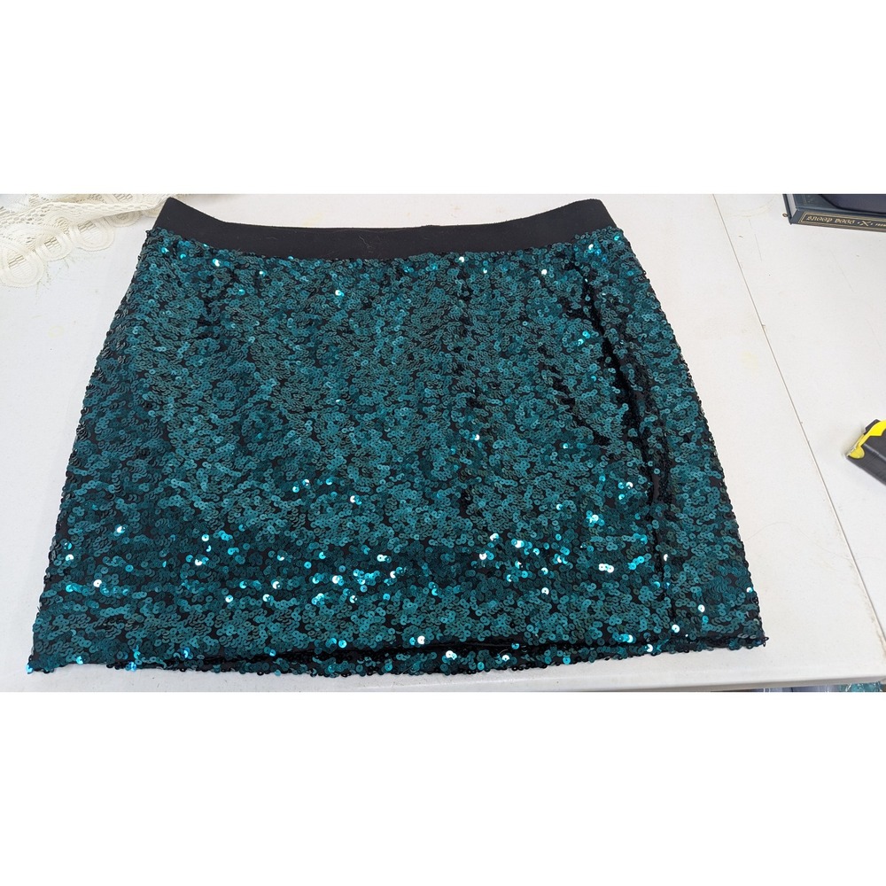 Torrid Teal Sequin Mini Skirt Plus Size 3 Black Elastic Waist Party Glam NYE